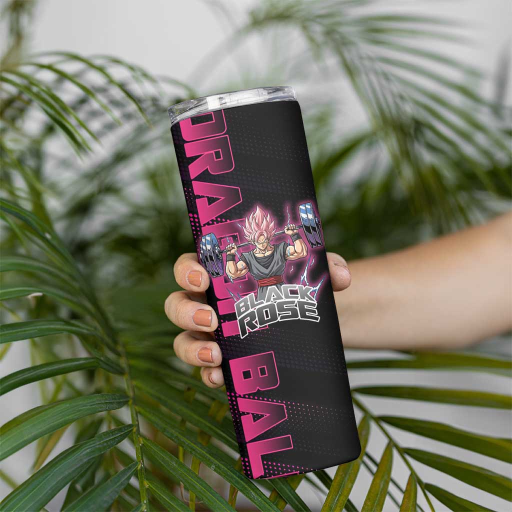 Goku Black Rose Dragon Ball Gym Theme Skinny Tumbler with Dumbbell Power Lift and Pink Electric Aura on Black Design - The Mazicc