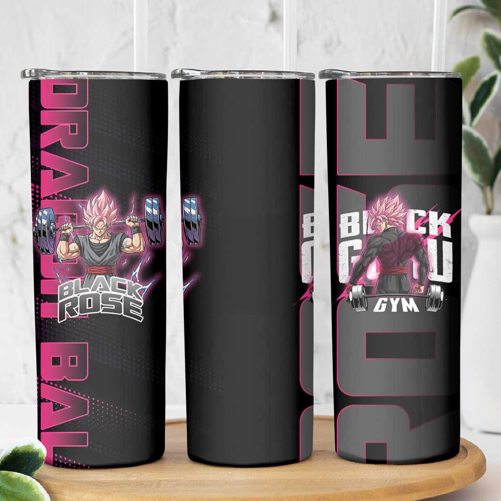 Goku Black Rose Dragon Ball Gym Theme Skinny Tumbler with Dumbbell Power Lift and Pink Electric Aura on Black Design - The Mazicc