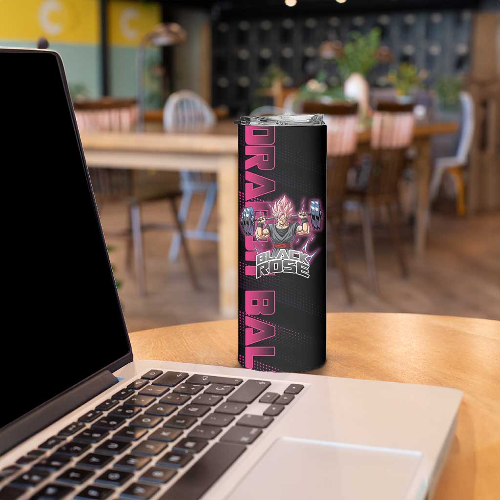 Goku Black Rose Dragon Ball Gym Theme Skinny Tumbler with Dumbbell Power Lift and Pink Electric Aura on Black Design - The Mazicc