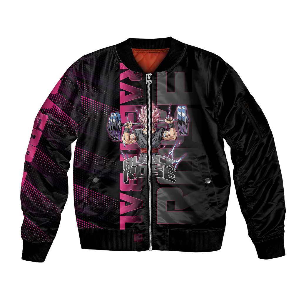 Goku Black Rose Dragon Ball Gym Theme Sleeve Zip Bomber Jacket with Dumbbell Power Lift and Pink Electric Aura on Black Design - The Mazicc