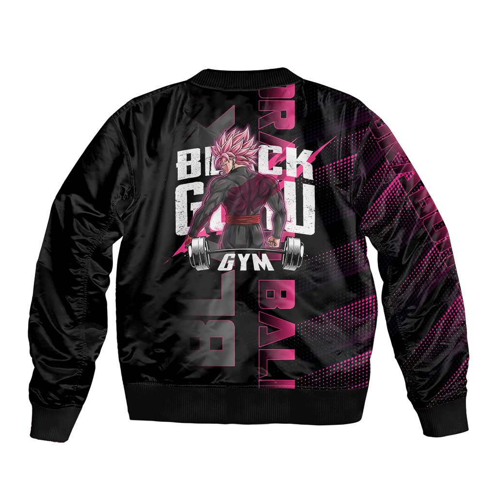 Goku Black Rose Dragon Ball Gym Theme Sleeve Zip Bomber Jacket with Dumbbell Power Lift and Pink Electric Aura on Black Design - The Mazicc