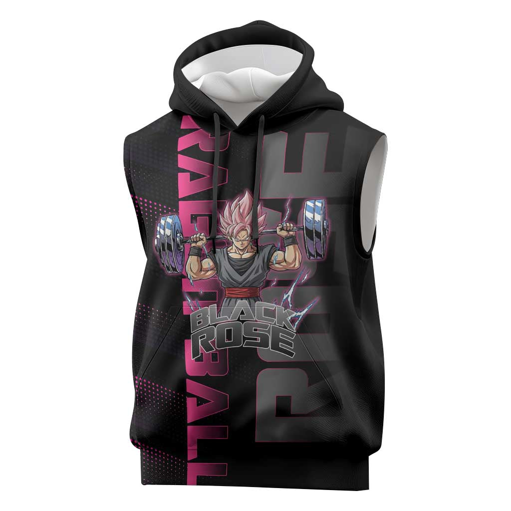 Goku Black Rose Dragon Ball Gym Theme Sleeveless Hoodie with Dumbbell Power Lift and Pink Electric Aura on Black Design - The Mazicc