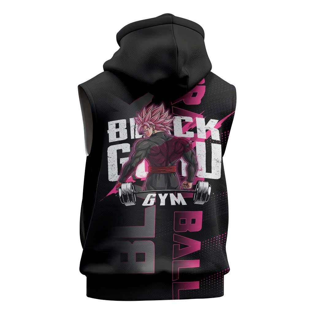 Goku Black Rose Dragon Ball Gym Theme Sleeveless Hoodie with Dumbbell Power Lift and Pink Electric Aura on Black Design - The Mazicc
