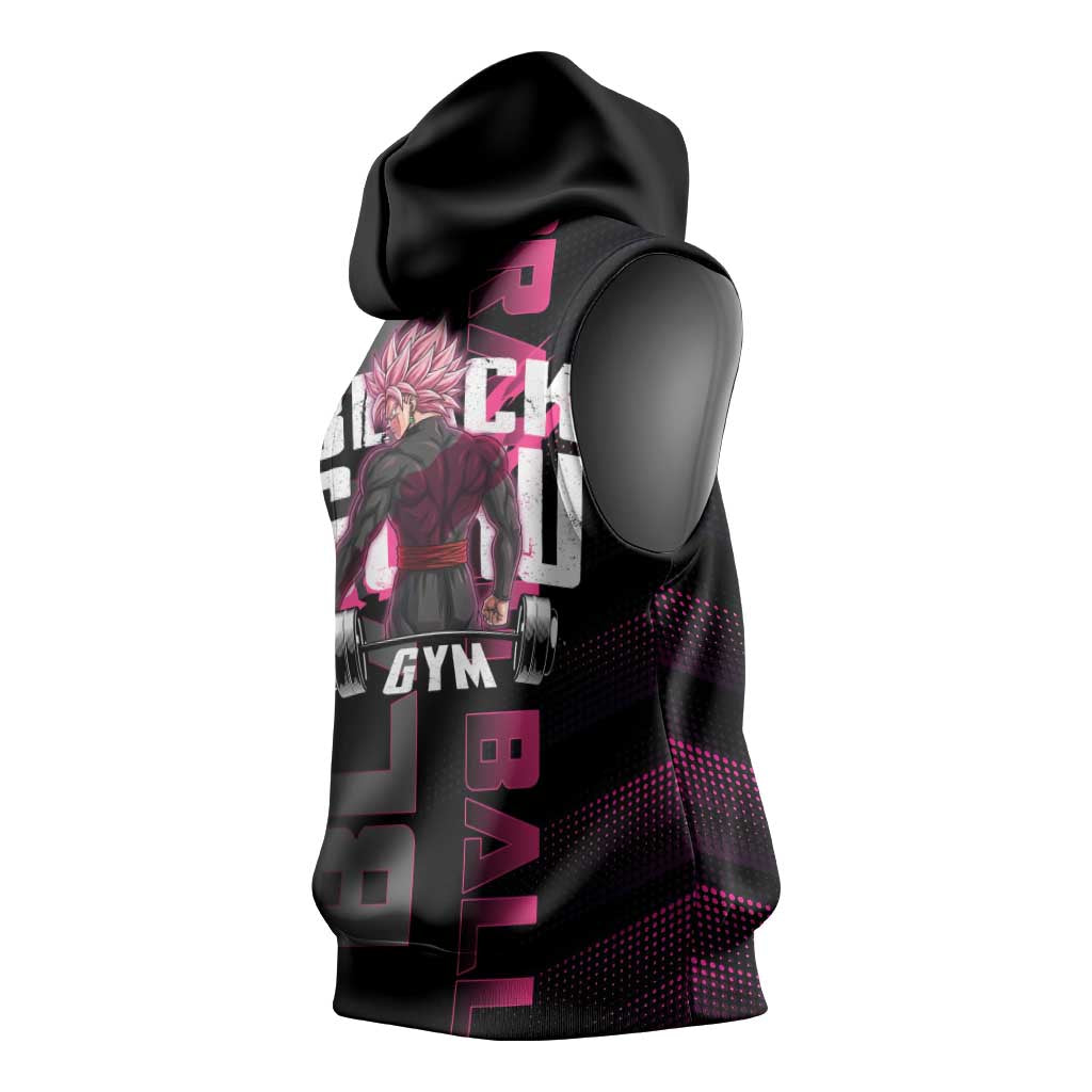 Goku Black Rose Dragon Ball Gym Theme Sleeveless Hoodie with Dumbbell Power Lift and Pink Electric Aura on Black Design - The Mazicc