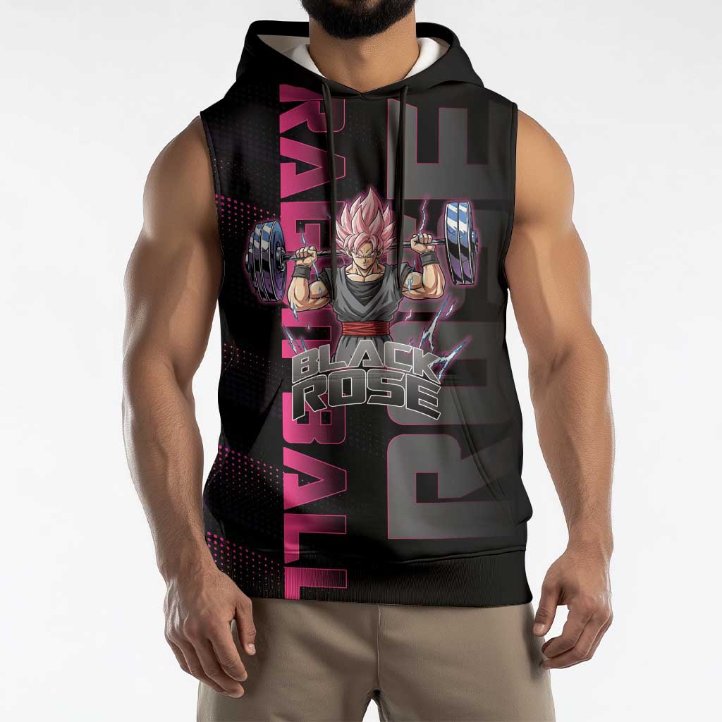 Goku Black Rose Dragon Ball Gym Theme Sleeveless Hoodie with Dumbbell Power Lift and Pink Electric Aura on Black Design - The Mazicc
