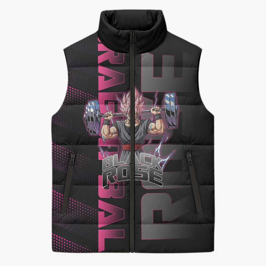 Goku Black Rose Dragon Ball Gym Theme Sleeveless Puffer Jacket with Dumbbell Power Lift and Pink Electric Aura on Black Design - The Mazicc