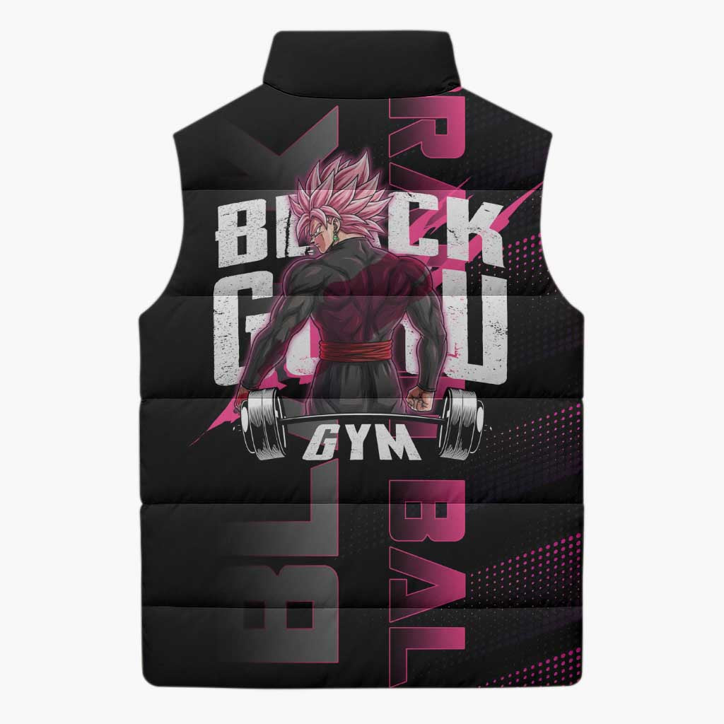 Goku Black Rose Dragon Ball Gym Theme Sleeveless Puffer Jacket with Dumbbell Power Lift and Pink Electric Aura on Black Design - The Mazicc