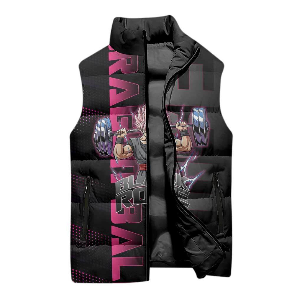 Goku Black Rose Dragon Ball Gym Theme Sleeveless Puffer Jacket with Dumbbell Power Lift and Pink Electric Aura on Black Design - The Mazicc