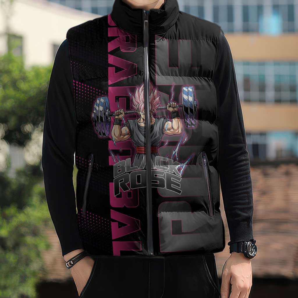Goku Black Rose Dragon Ball Gym Theme Sleeveless Puffer Jacket with Dumbbell Power Lift and Pink Electric Aura on Black Design - The Mazicc