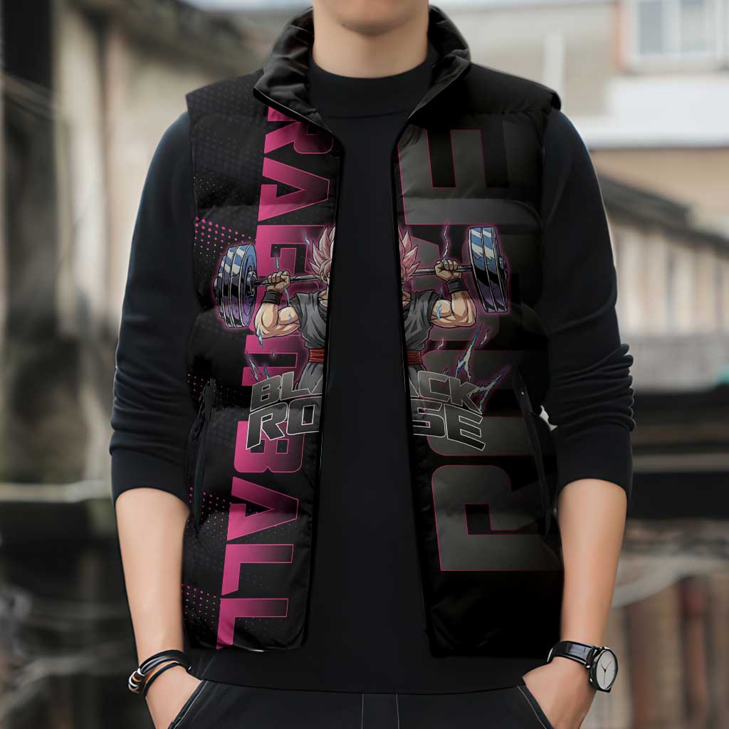 Goku Black Rose Dragon Ball Gym Theme Sleeveless Puffer Jacket with Dumbbell Power Lift and Pink Electric Aura on Black Design - The Mazicc