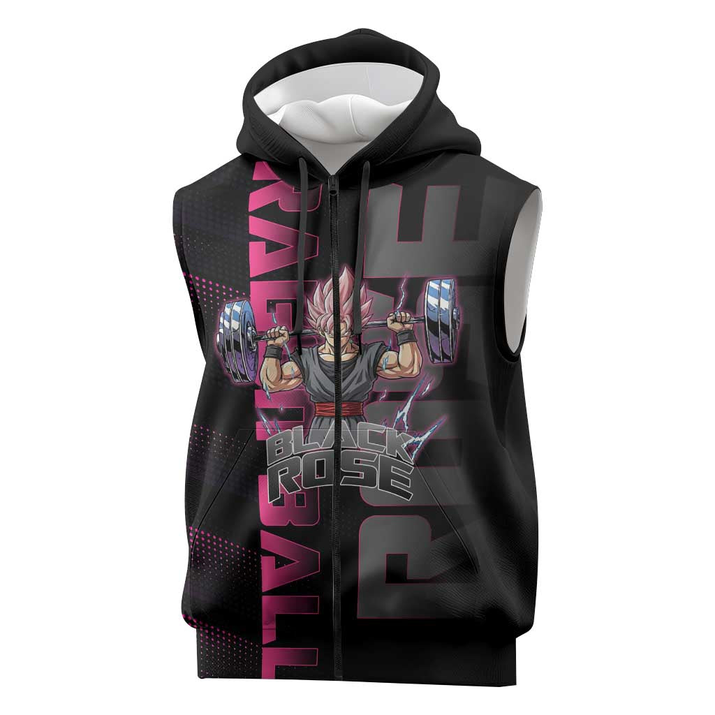 Goku Black Rose Dragon Ball Gym Theme Sleeveless Zip Hoodie with Dumbbell Power Lift and Pink Electric Aura on Black Design - The Mazicc