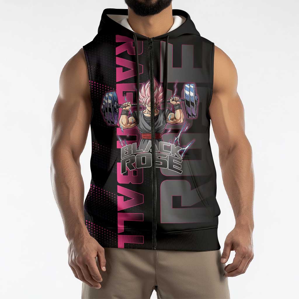 Goku Black Rose Dragon Ball Gym Theme Sleeveless Zip Hoodie with Dumbbell Power Lift and Pink Electric Aura on Black Design - The Mazicc