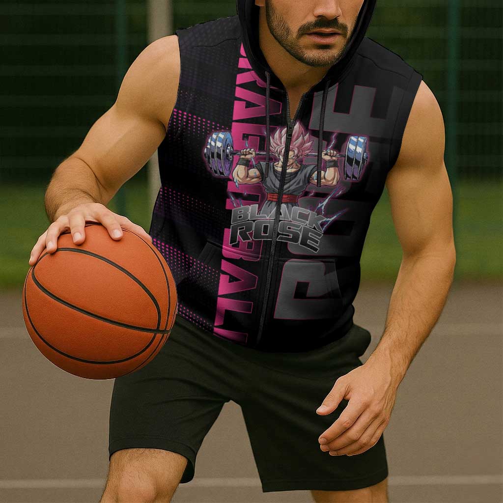 Goku Black Rose Dragon Ball Gym Theme Sleeveless Zip Hoodie with Dumbbell Power Lift and Pink Electric Aura on Black Design - The Mazicc