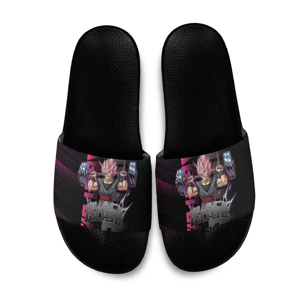 Goku Black Rose Dragon Ball Gym Theme Slide Sandals with Dumbbell Power Lift and Pink Electric Aura on Black Design - The Mazicc