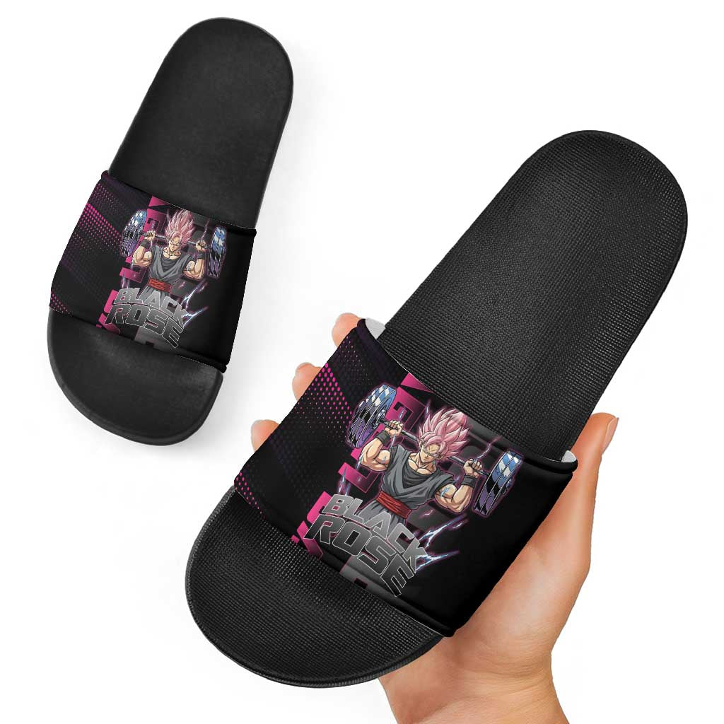 Goku Black Rose Dragon Ball Gym Theme Slide Sandals with Dumbbell Power Lift and Pink Electric Aura on Black Design - The Mazicc