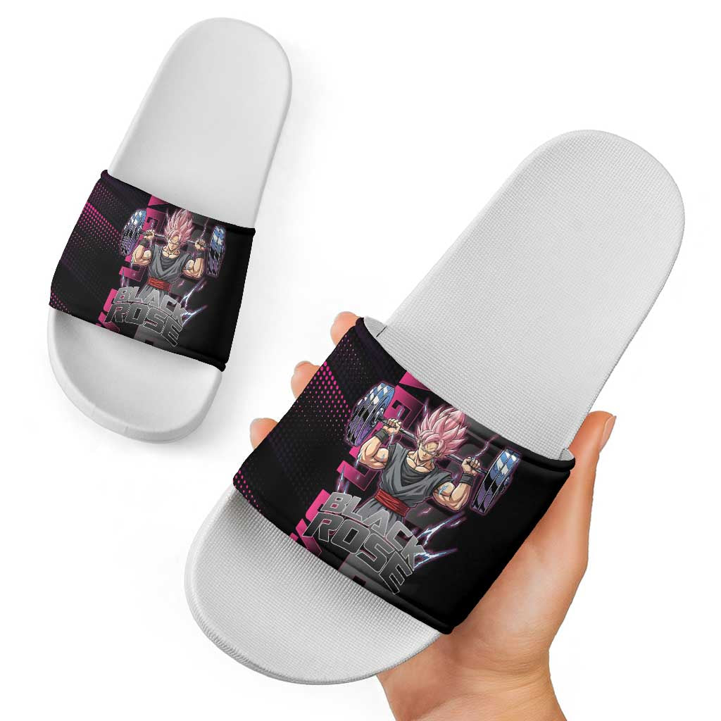 Goku Black Rose Dragon Ball Gym Theme Slide Sandals with Dumbbell Power Lift and Pink Electric Aura on Black Design - The Mazicc
