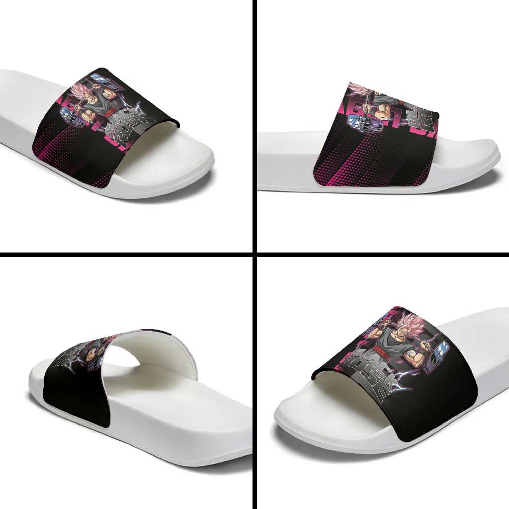 Goku Black Rose Dragon Ball Gym Theme Slide Sandals with Dumbbell Power Lift and Pink Electric Aura on Black Design - The Mazicc