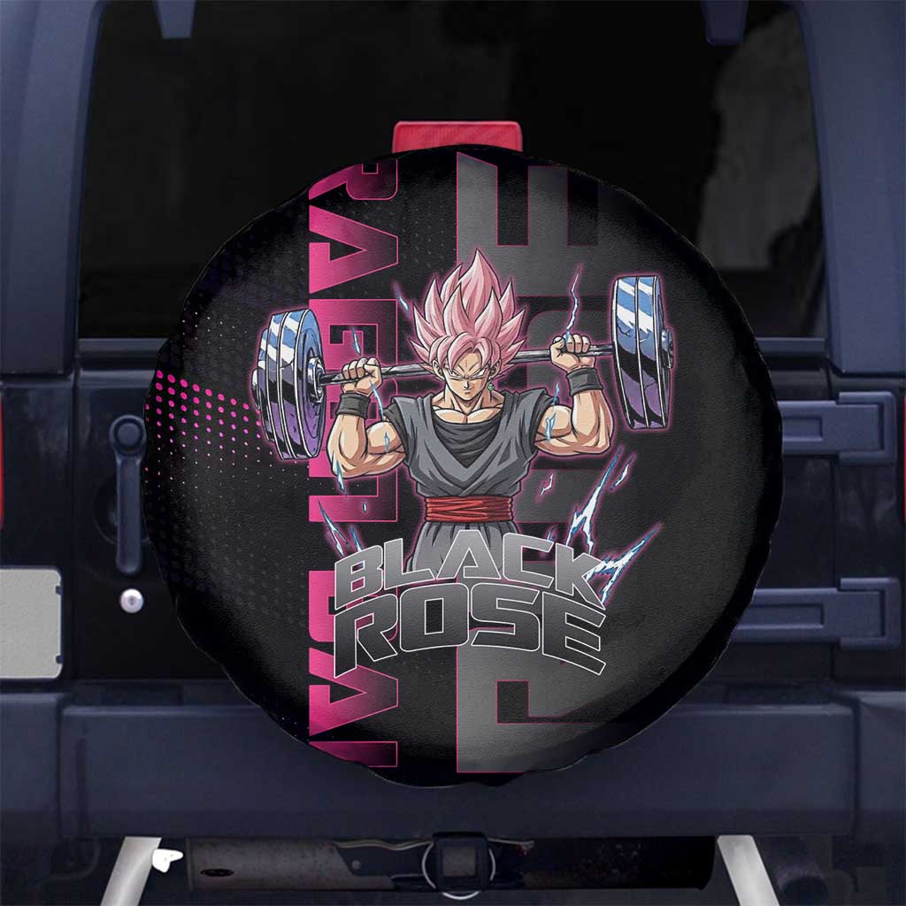 Goku Black Rose Dragon Ball Gym Theme Spare Tire Cover with Dumbbell Power Lift and Pink Electric Aura on Black Design - The Mazicc