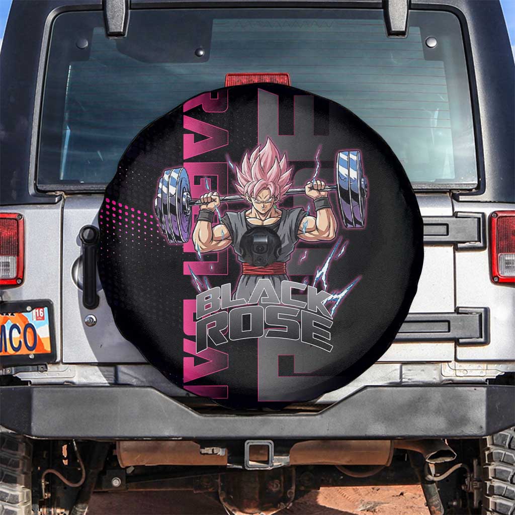 Goku Black Rose Dragon Ball Gym Theme Spare Tire Cover with Dumbbell Power Lift and Pink Electric Aura on Black Design - The Mazicc