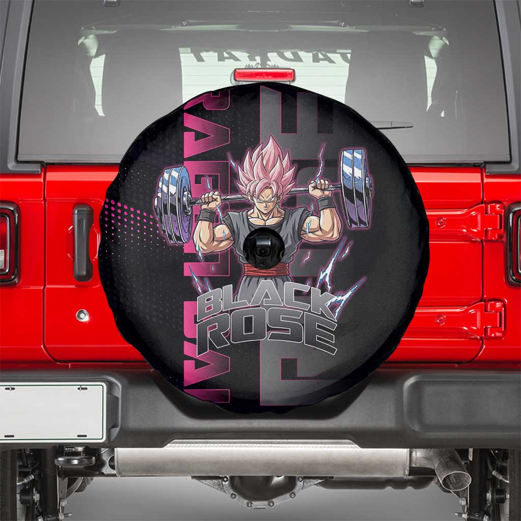 Goku Black Rose Dragon Ball Gym Theme Spare Tire Cover with Dumbbell Power Lift and Pink Electric Aura on Black Design - The Mazicc
