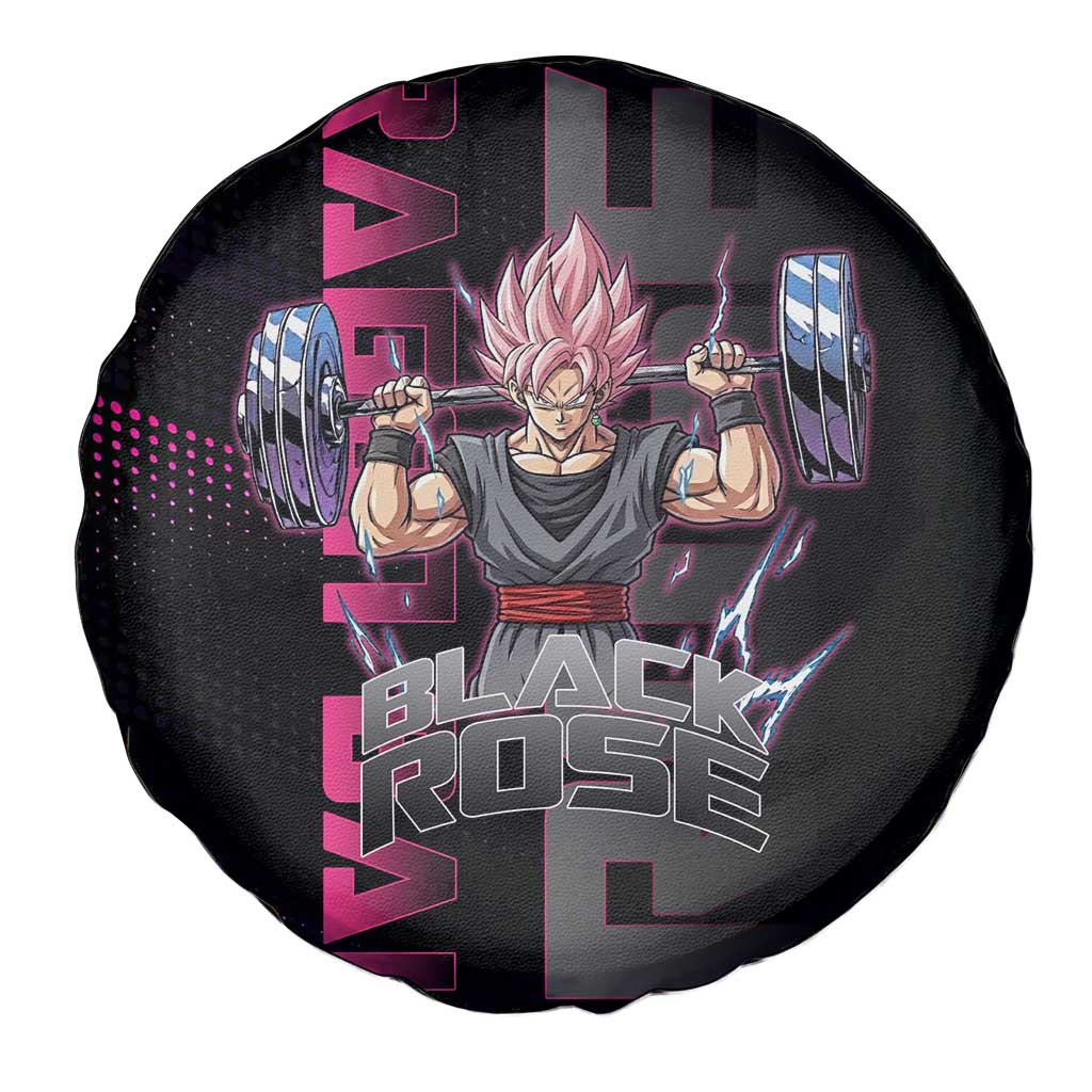 Goku Black Rose Dragon Ball Gym Theme Spare Tire Cover with Dumbbell Power Lift and Pink Electric Aura on Black Design - The Mazicc