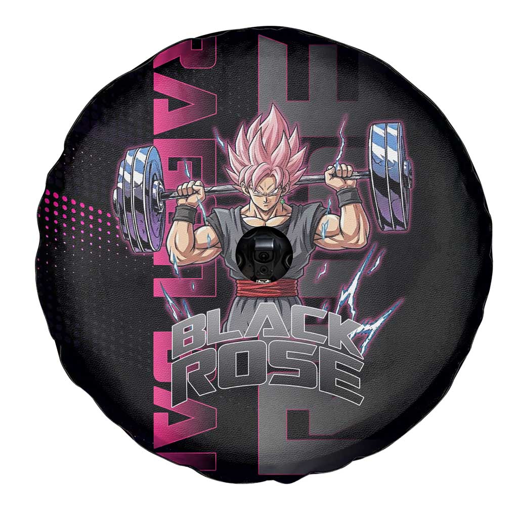 Goku Black Rose Dragon Ball Gym Theme Spare Tire Cover with Dumbbell Power Lift and Pink Electric Aura on Black Design - The Mazicc