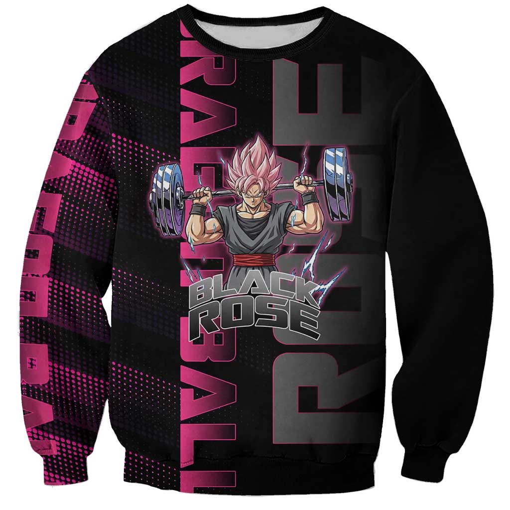 Goku Black Rose Dragon Ball Gym Theme Sweatshirt with Dumbbell Power Lift and Pink Electric Aura on Black Design - The Mazicc