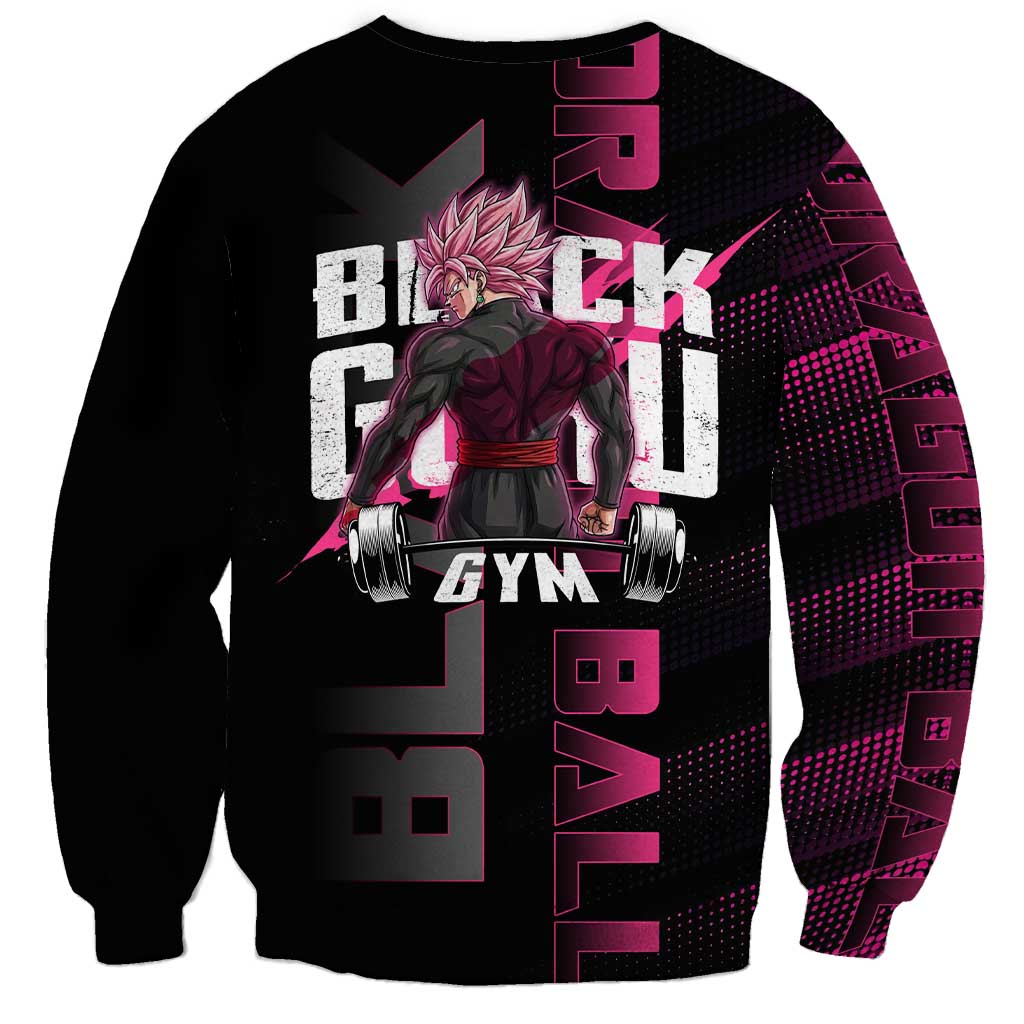 Goku Black Rose Dragon Ball Gym Theme Sweatshirt with Dumbbell Power Lift and Pink Electric Aura on Black Design - The Mazicc