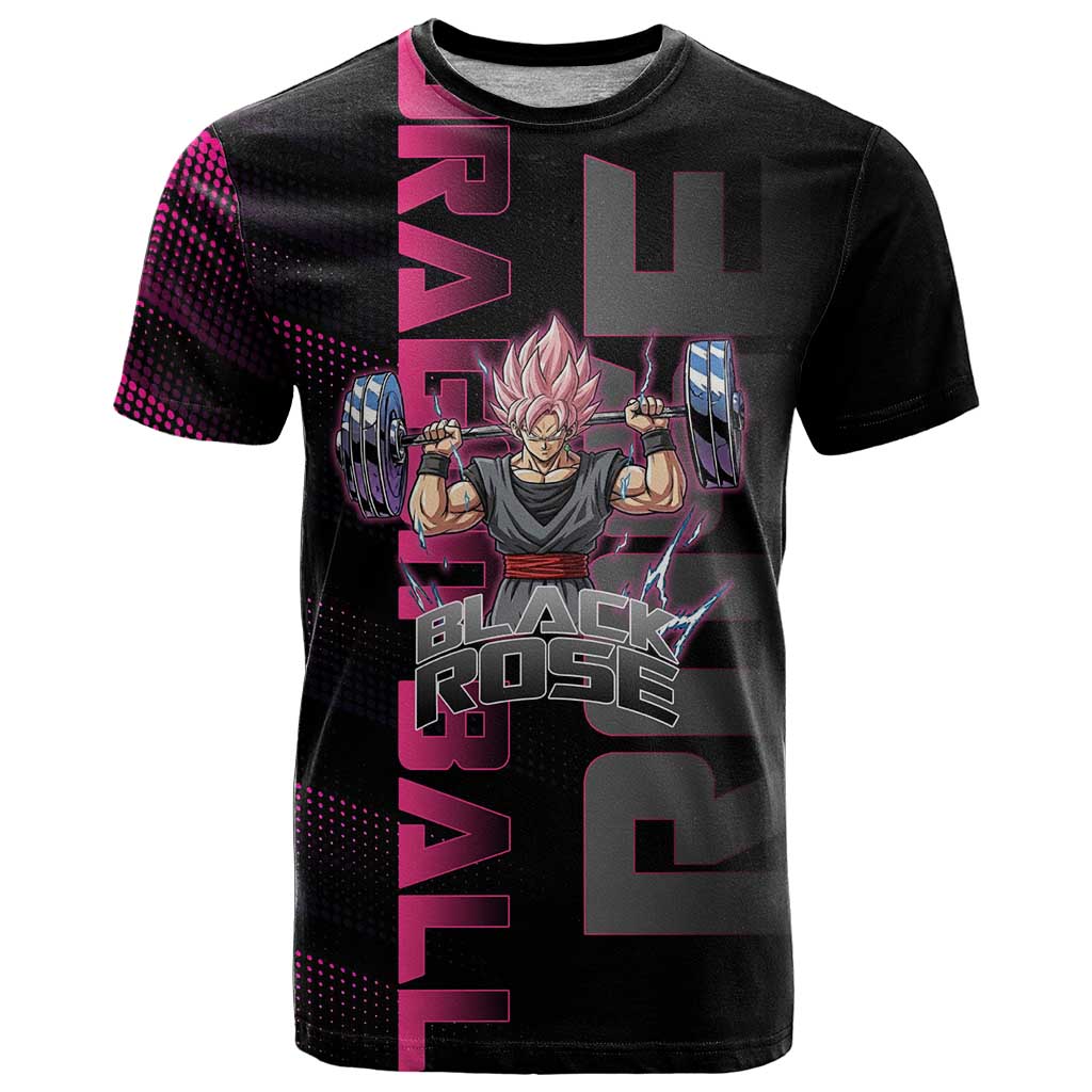 Goku Black Rose Dragon Ball Gym Theme T Shirt with Dumbbell Power Lift and Pink Electric Aura on Black Design - The Mazicc