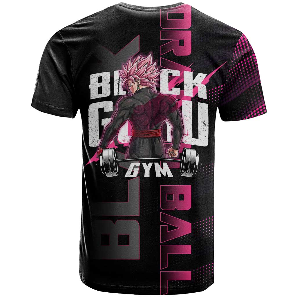 Goku Black Rose Dragon Ball Gym Theme T Shirt with Dumbbell Power Lift and Pink Electric Aura on Black Design - The Mazicc