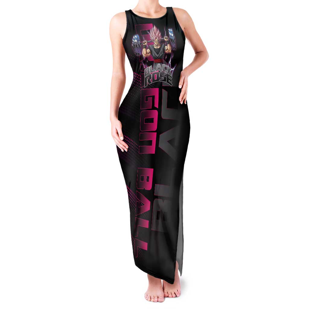 Goku Black Rose Dragon Ball Gym Theme Tank Maxi Dress with Dumbbell Power Lift and Pink Electric Aura on Black Design - The Mazicc