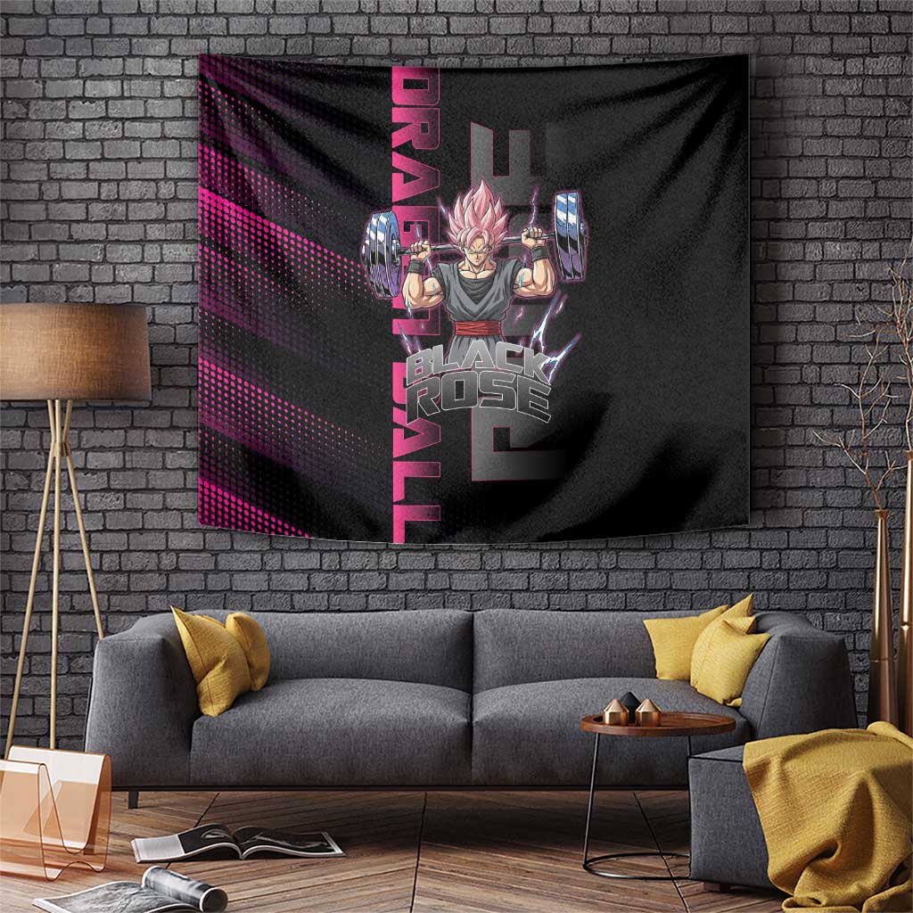 Goku Black Rose Dragon Ball Gym Theme Tapestry with Dumbbell Power Lift and Pink Electric Aura on Black Design - The Mazicc