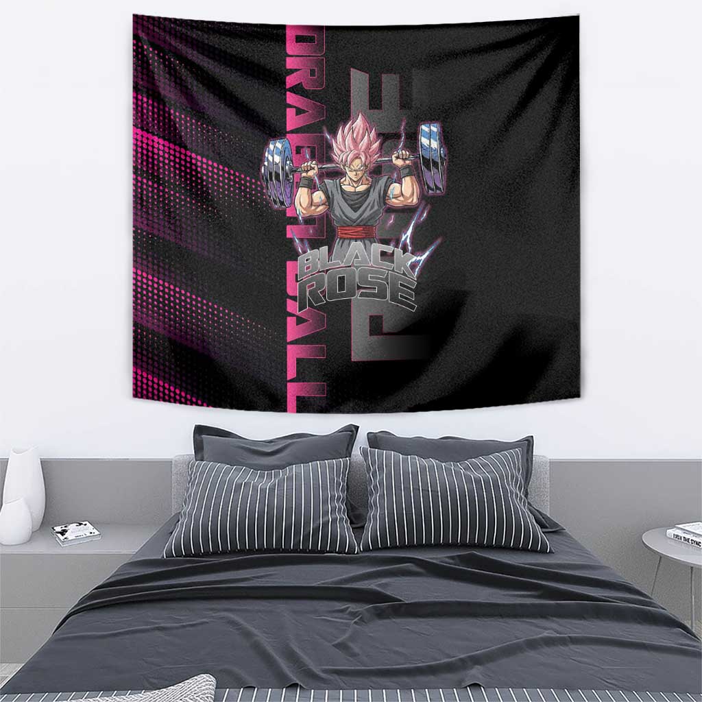 Goku Black Rose Dragon Ball Gym Theme Tapestry with Dumbbell Power Lift and Pink Electric Aura on Black Design - The Mazicc