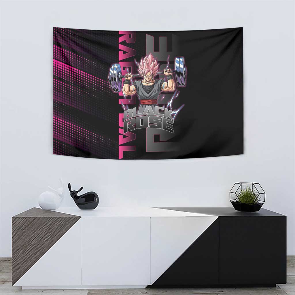 Goku Black Rose Dragon Ball Gym Theme Tapestry with Dumbbell Power Lift and Pink Electric Aura on Black Design - The Mazicc
