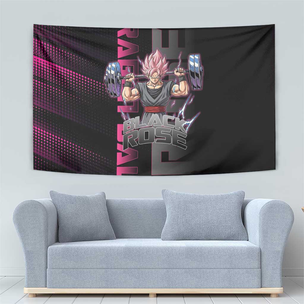 Goku Black Rose Dragon Ball Gym Theme Tapestry with Dumbbell Power Lift and Pink Electric Aura on Black Design - The Mazicc