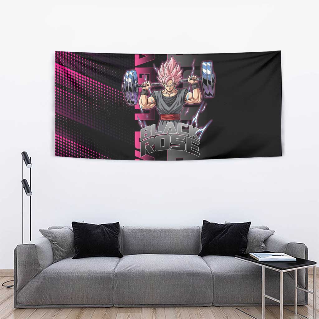 Goku Black Rose Dragon Ball Gym Theme Tapestry with Dumbbell Power Lift and Pink Electric Aura on Black Design - The Mazicc