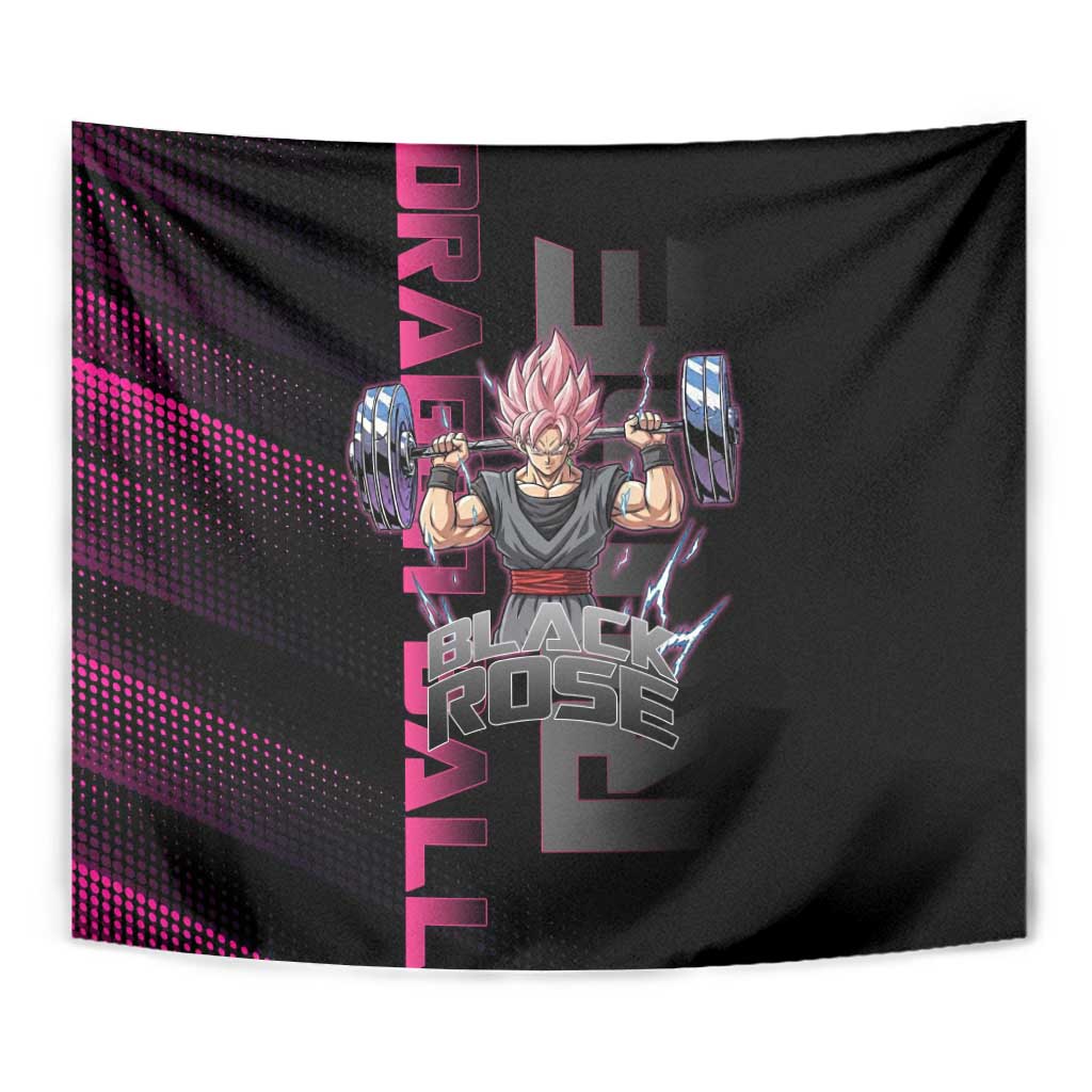 Goku Black Rose Dragon Ball Gym Theme Tapestry with Dumbbell Power Lift and Pink Electric Aura on Black Design - The Mazicc
