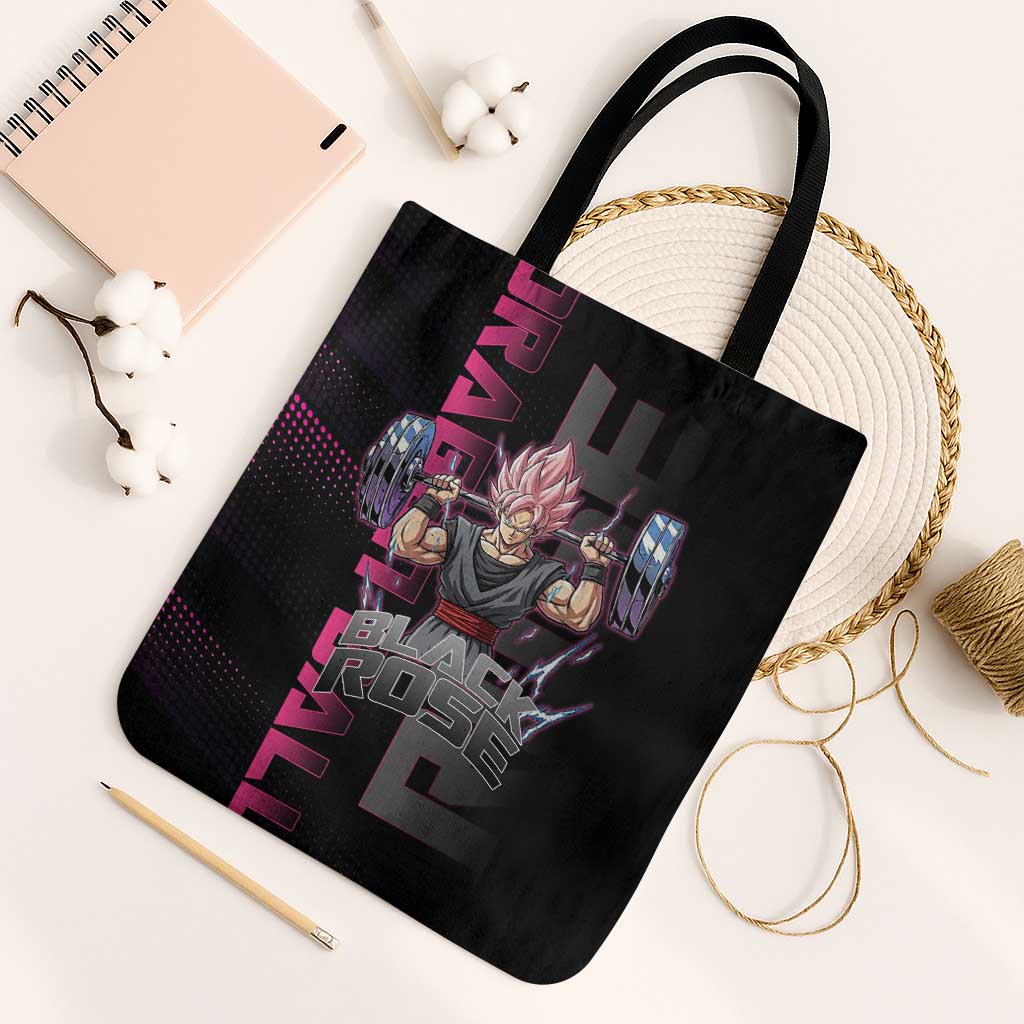 Goku Black Rose Dragon Ball Gym Theme Tote Bag with Dumbbell Power Lift and Pink Electric Aura on Black Design - The Mazicc