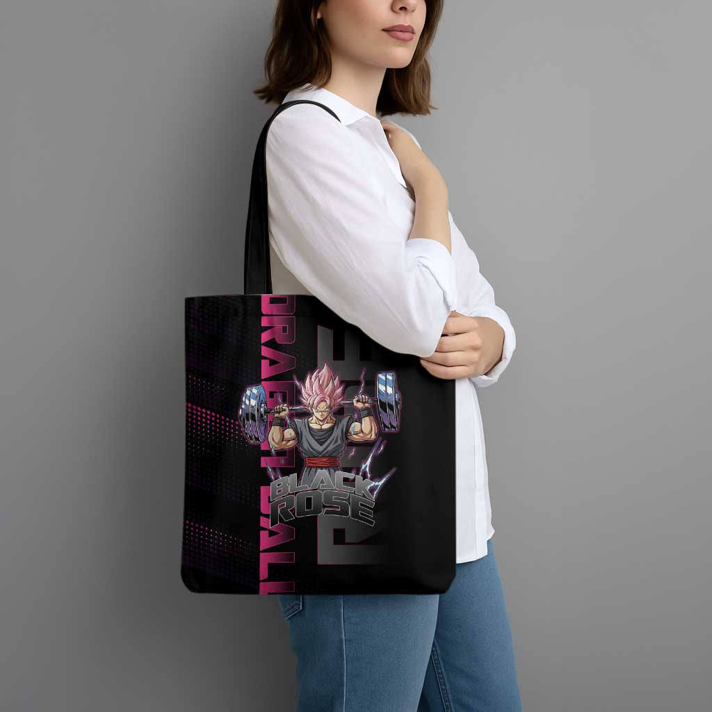 Goku Black Rose Dragon Ball Gym Theme Tote Bag with Dumbbell Power Lift and Pink Electric Aura on Black Design - The Mazicc