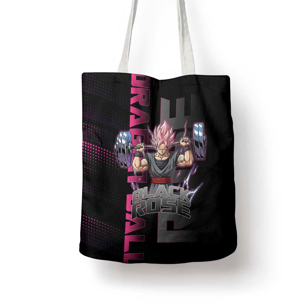 Goku Black Rose Dragon Ball Gym Theme Tote Bag with Dumbbell Power Lift and Pink Electric Aura on Black Design - The Mazicc