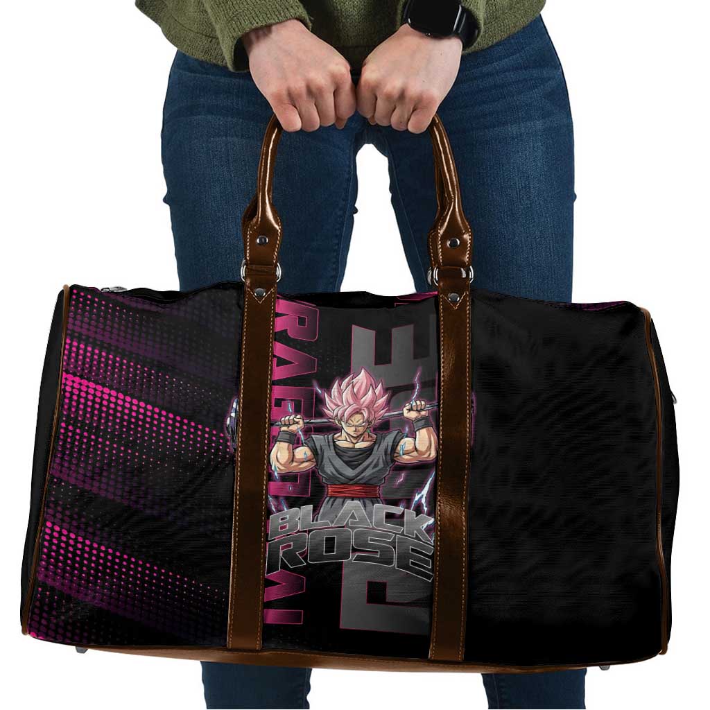 Goku Black Rose Dragon Ball Gym Theme Travel Bag with Dumbbell Power Lift and Pink Electric Aura on Black Design - The Mazicc