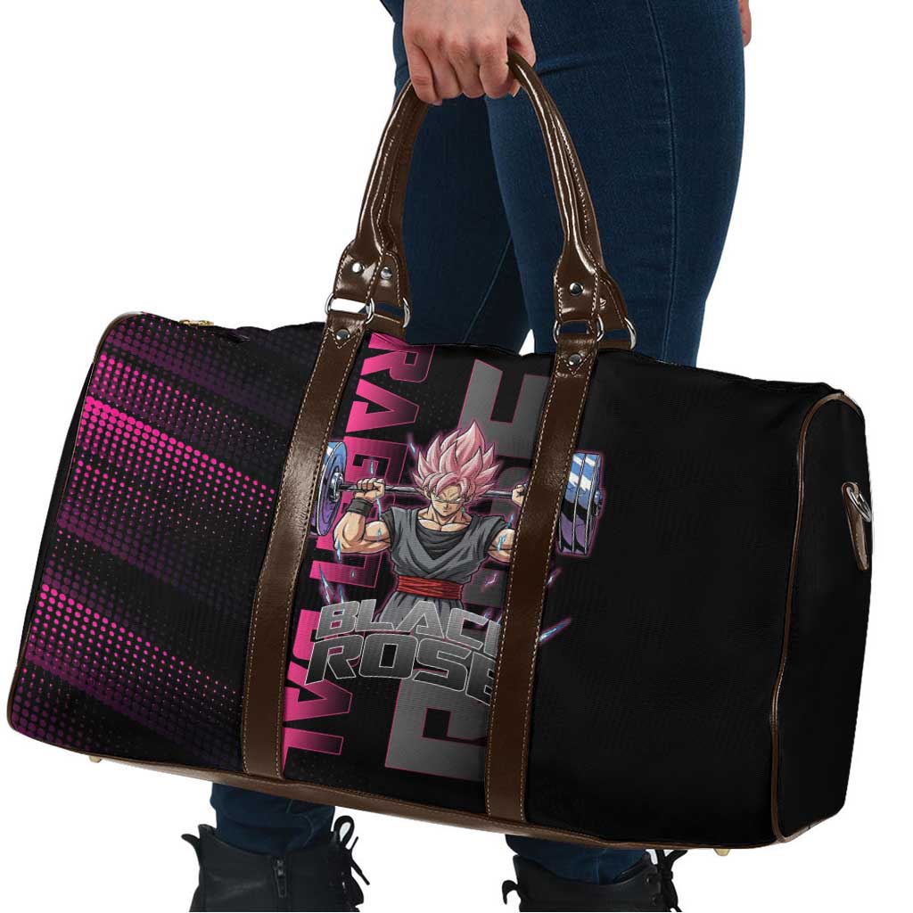 Goku Black Rose Dragon Ball Gym Theme Travel Bag with Dumbbell Power Lift and Pink Electric Aura on Black Design - The Mazicc