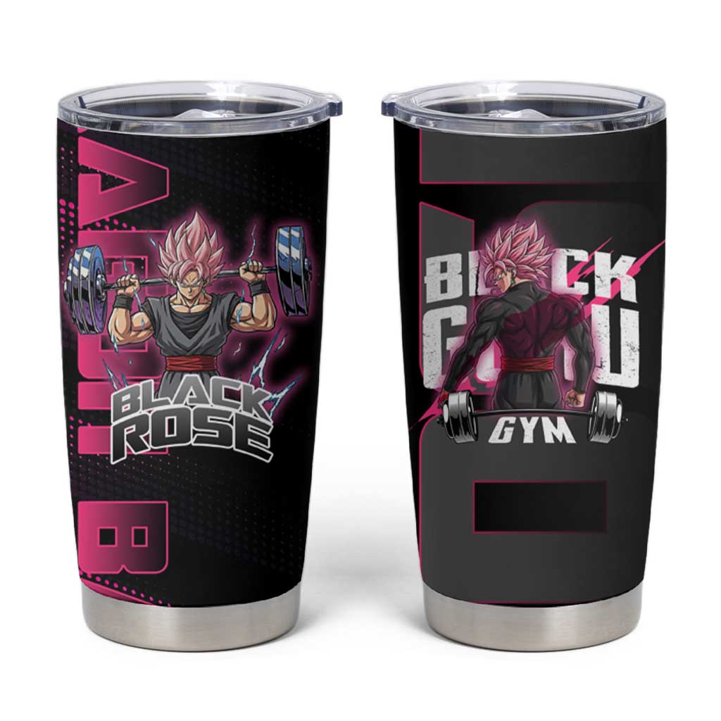 Goku Black Rose Dragon Ball Gym Theme Tumbler Cup with Dumbbell Power Lift and Pink Electric Aura on Black Design - The Mazicc