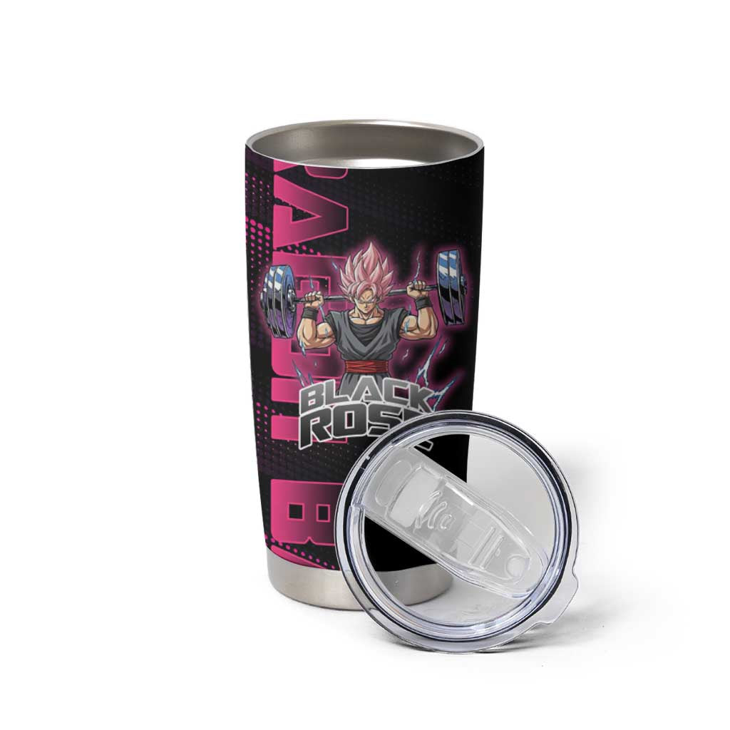 Goku Black Rose Dragon Ball Gym Theme Tumbler Cup with Dumbbell Power Lift and Pink Electric Aura on Black Design - The Mazicc