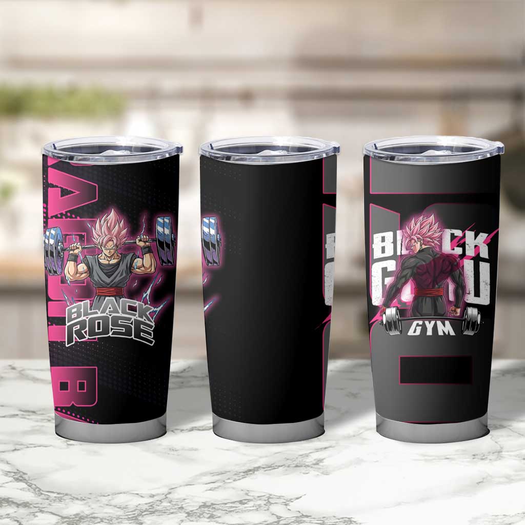 Goku Black Rose Dragon Ball Gym Theme Tumbler Cup with Dumbbell Power Lift and Pink Electric Aura on Black Design - The Mazicc