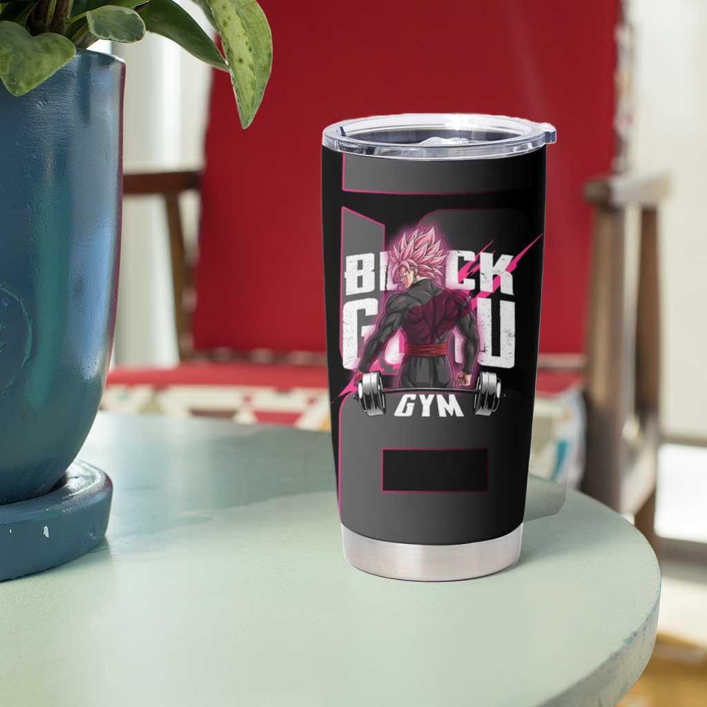 Goku Black Rose Dragon Ball Gym Theme Tumbler Cup with Dumbbell Power Lift and Pink Electric Aura on Black Design - The Mazicc