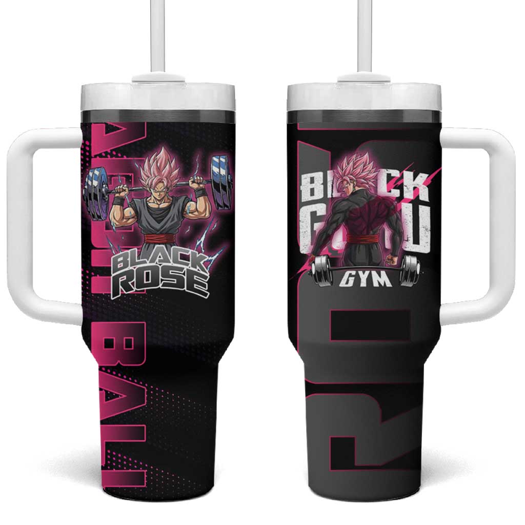 Goku Black Rose Dragon Ball Gym Theme Tumbler With Handle with Dumbbell Power Lift and Pink Electric Aura on Black Design - The Mazicc