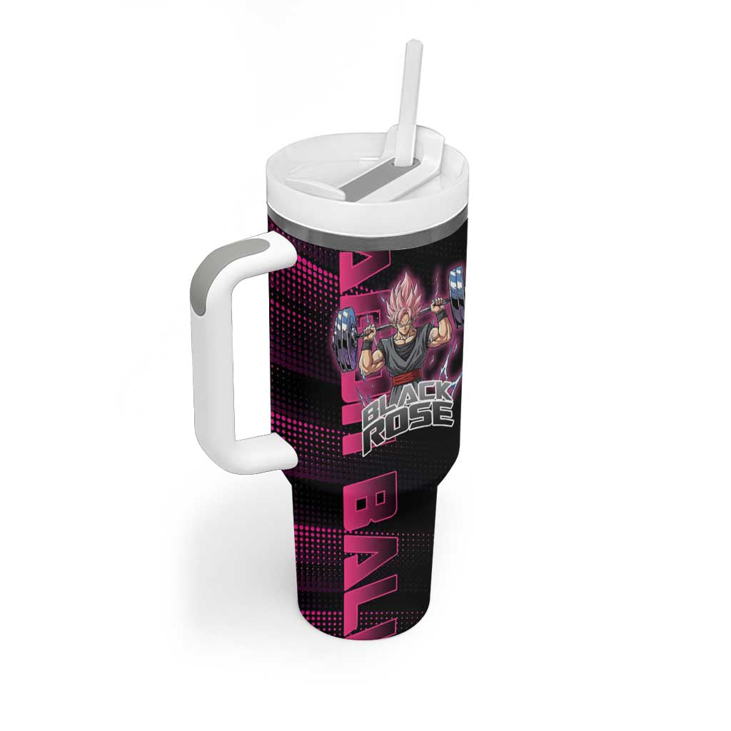Goku Black Rose Dragon Ball Gym Theme Tumbler With Handle with Dumbbell Power Lift and Pink Electric Aura on Black Design - The Mazicc