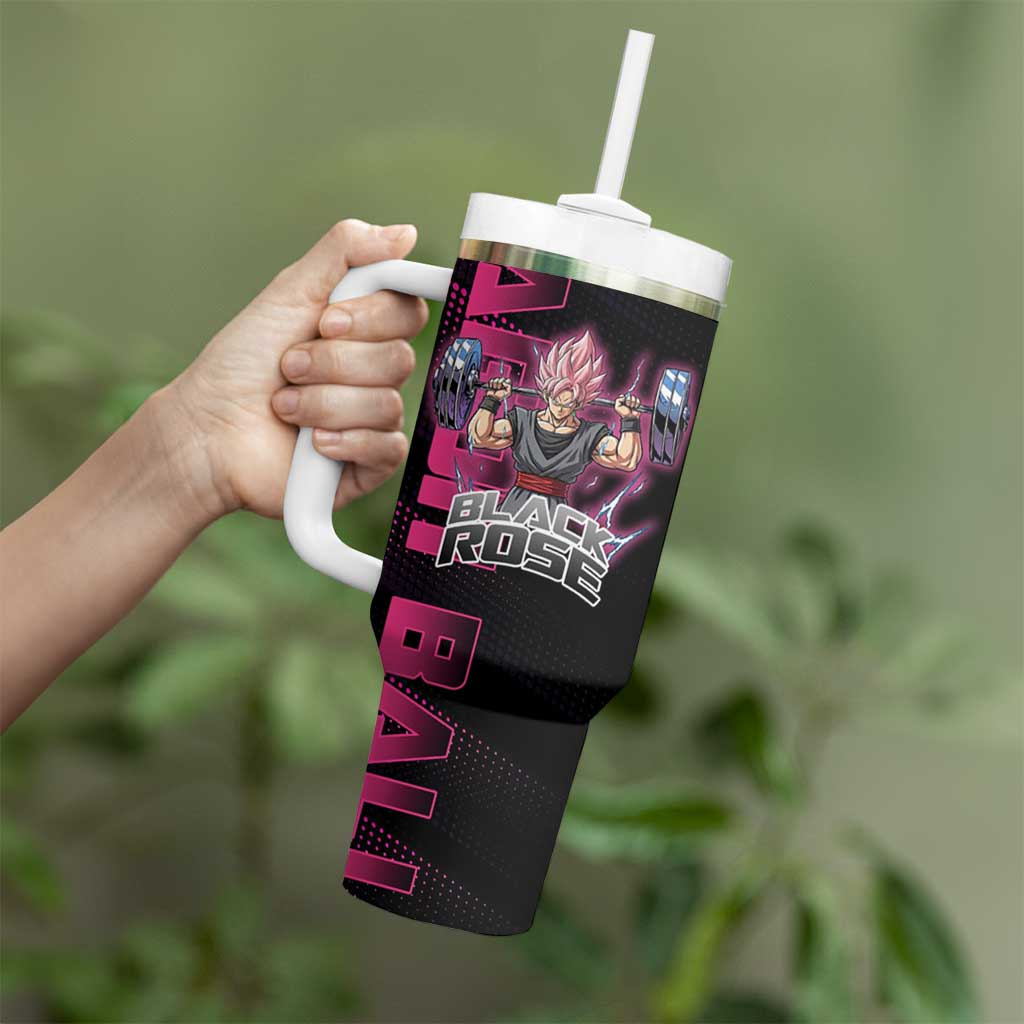 Goku Black Rose Dragon Ball Gym Theme Tumbler With Handle with Dumbbell Power Lift and Pink Electric Aura on Black Design - The Mazicc