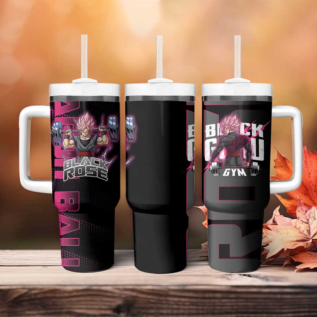 Goku Black Rose Dragon Ball Gym Theme Tumbler With Handle with Dumbbell Power Lift and Pink Electric Aura on Black Design - The Mazicc